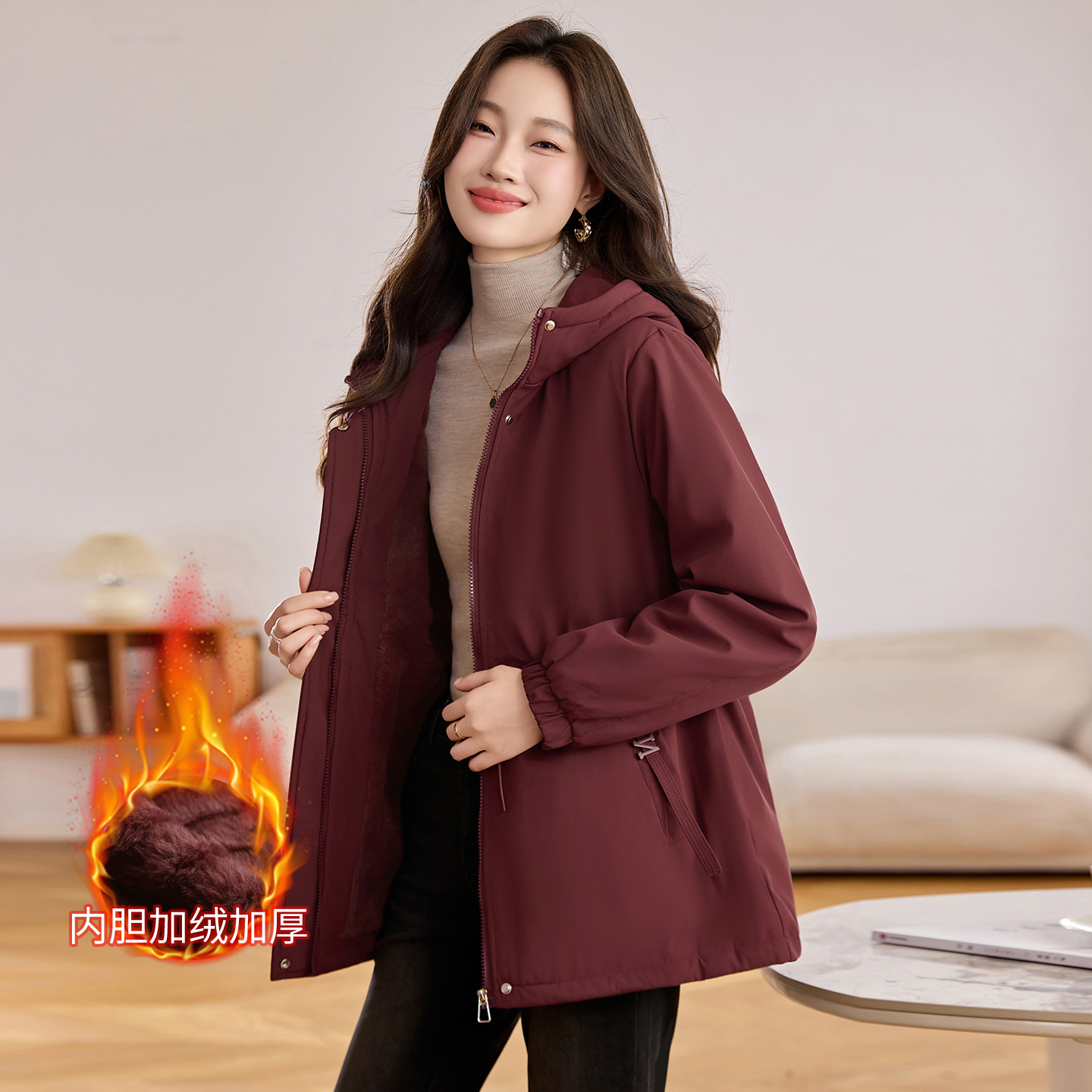 加绒派克棉服女中长款工装外套