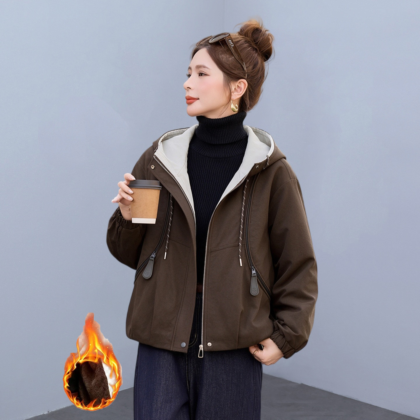 冬季连帽加绒休闲宽松派克棉服