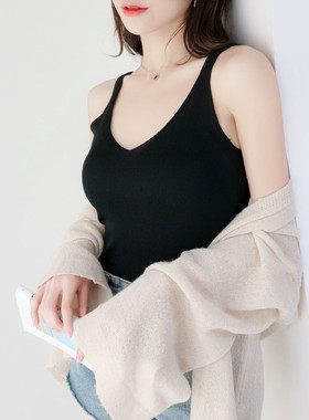 黑色吊带背心女夏季冰丝外穿打底V领搭韩版无袖上衣大码短款小衫
