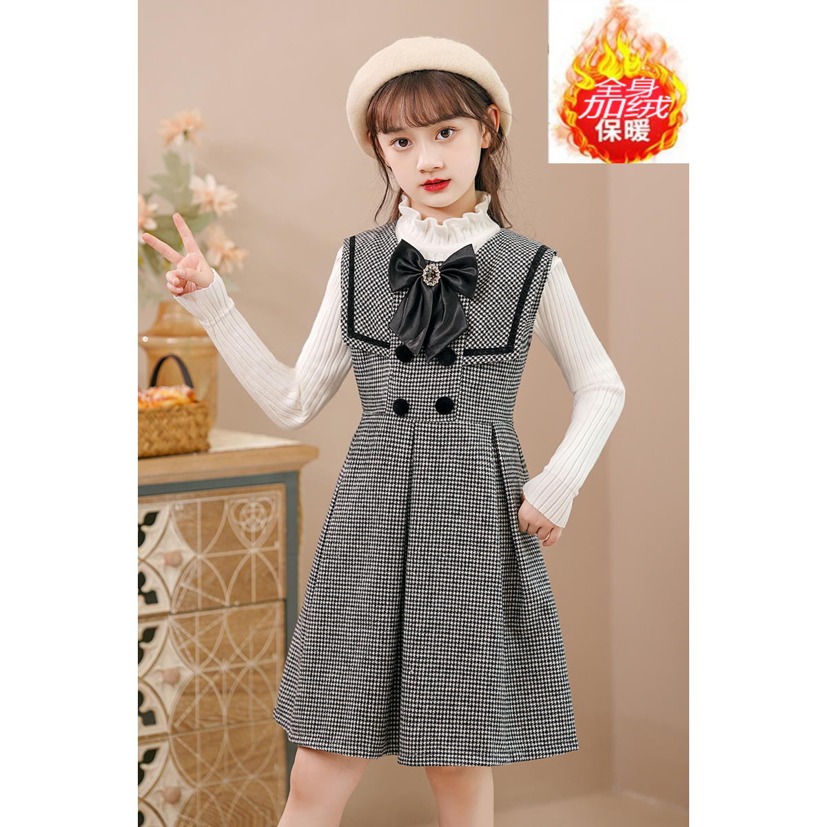 女童加绒背心裙2025韩版女孩秋冬海军领毛呢公主裙时尚儿童连衣裙