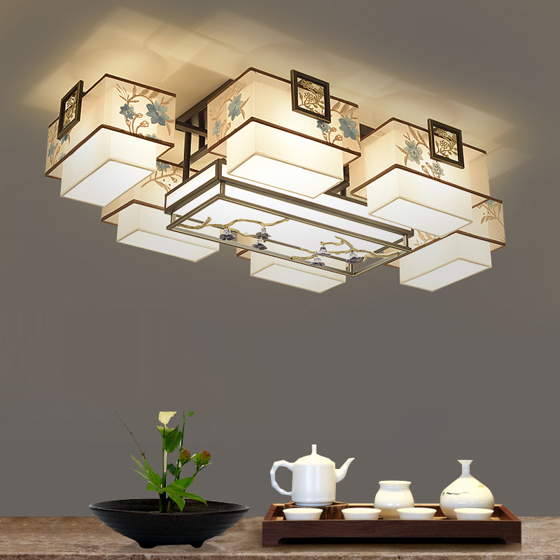 新中式吸顶长方形客厅布艺刺绣餐