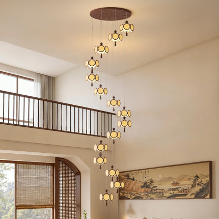 宋式美学复式楼梯吊线灯新中式公寓酒店旋转楼梯loft长线吊灯