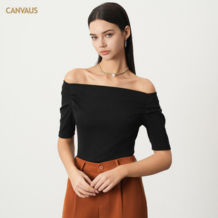 Outlets品牌折扣CANVAUS2025夏装新款 露肩一字领甜辣风修身T恤女
