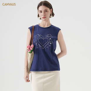 CANVAUS新款 上衣夏 宽松撞色无袖 t恤女圆领印花休闲假两件套头薄款