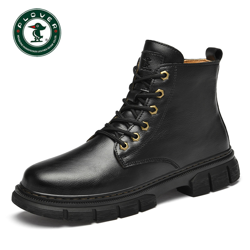 plover品牌正品马丁靴男真皮头层牛皮高档冬季高帮鞋厚底男士皮靴