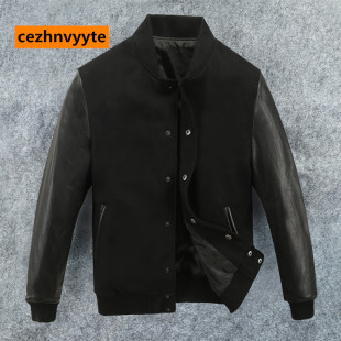 青年皮夹克 短款 cezhnvyyte毛呢拼接绵羊皮袖 男真皮皮衣棒球服修身