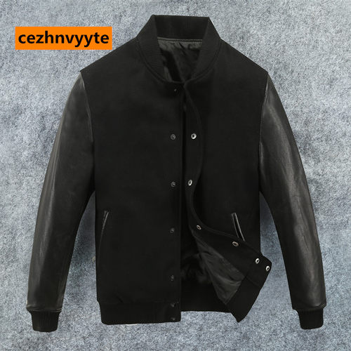 毛呢拼接真皮皮衣修身短款青年