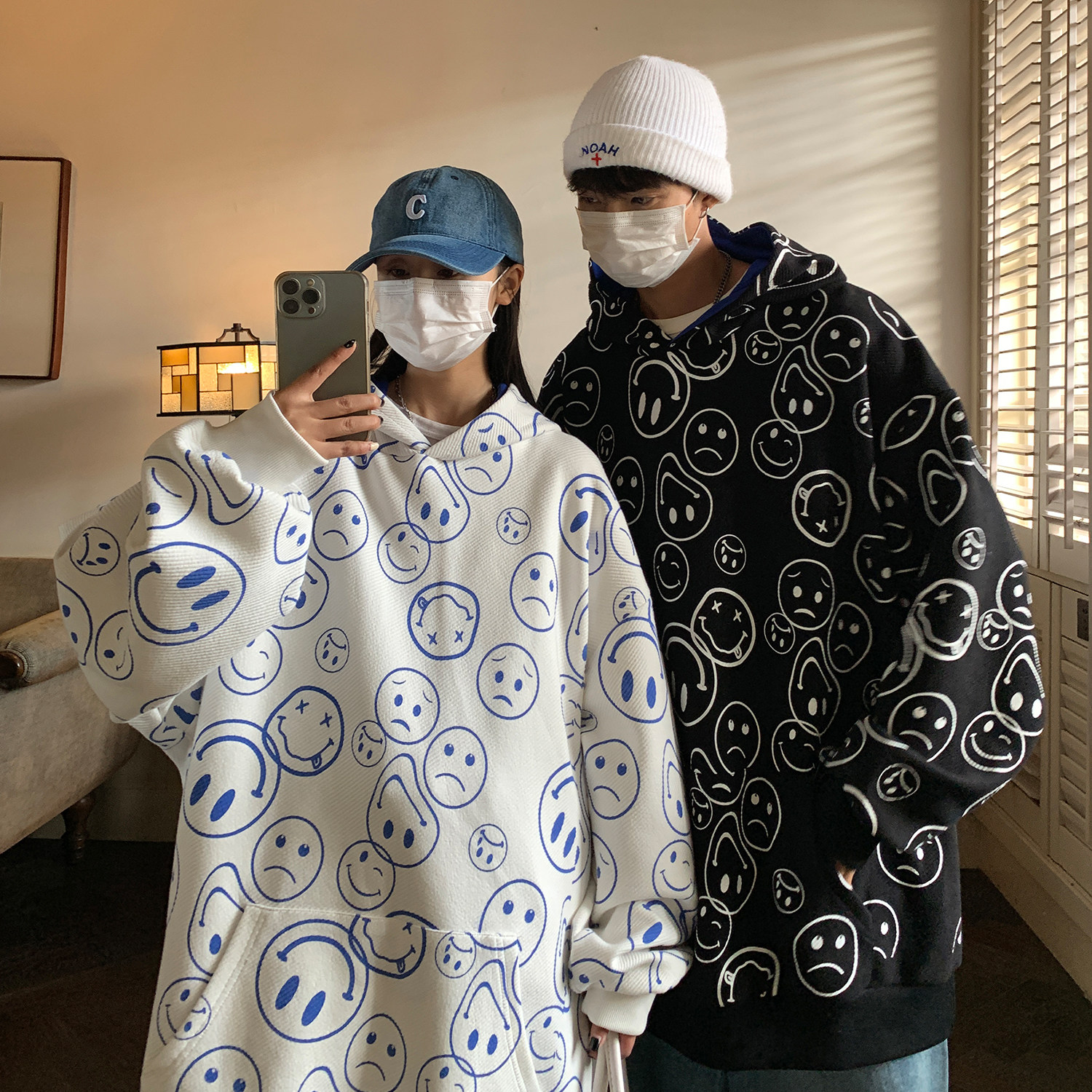 情侣装秋装新款 满身笑脸印花连帽情侣卫衣 宽松外套D221 P68男类图片