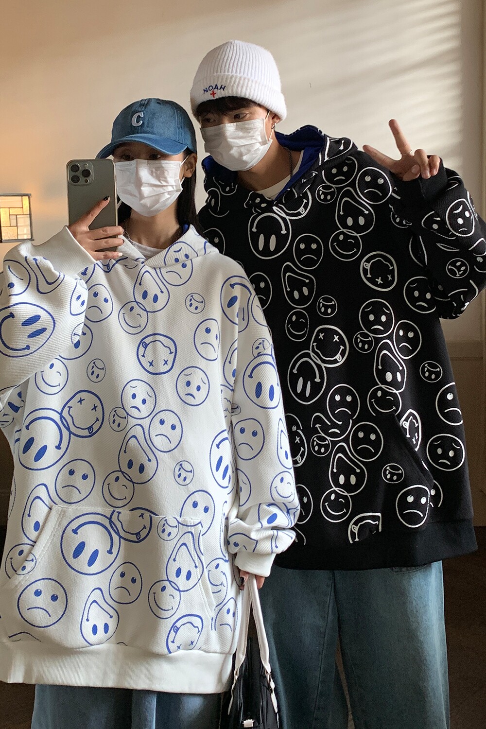 情侣装秋装新款满身笑脸印花连帽情侣卫衣宽松外套D221P68女类,女装短外套,电商A335-1（原A458）
