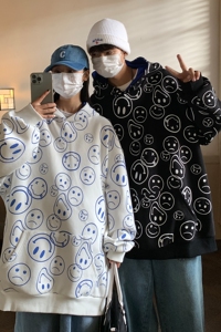 情侣装秋装新款满身笑脸印花连帽情侣卫衣宽松外套D221P68女类
