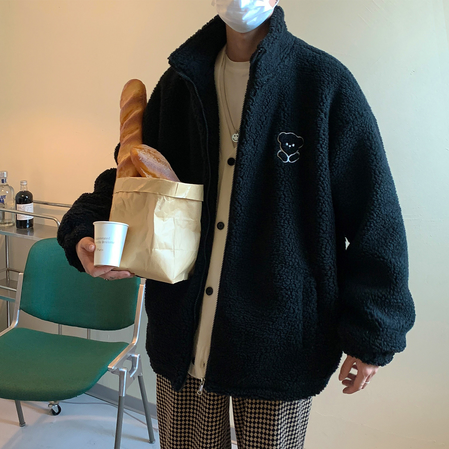 港风冬装绣花小熊羊羔毛情侣棉衣加厚外套D180P108控128男类,男装棉衣,电商A335-1（原A458）