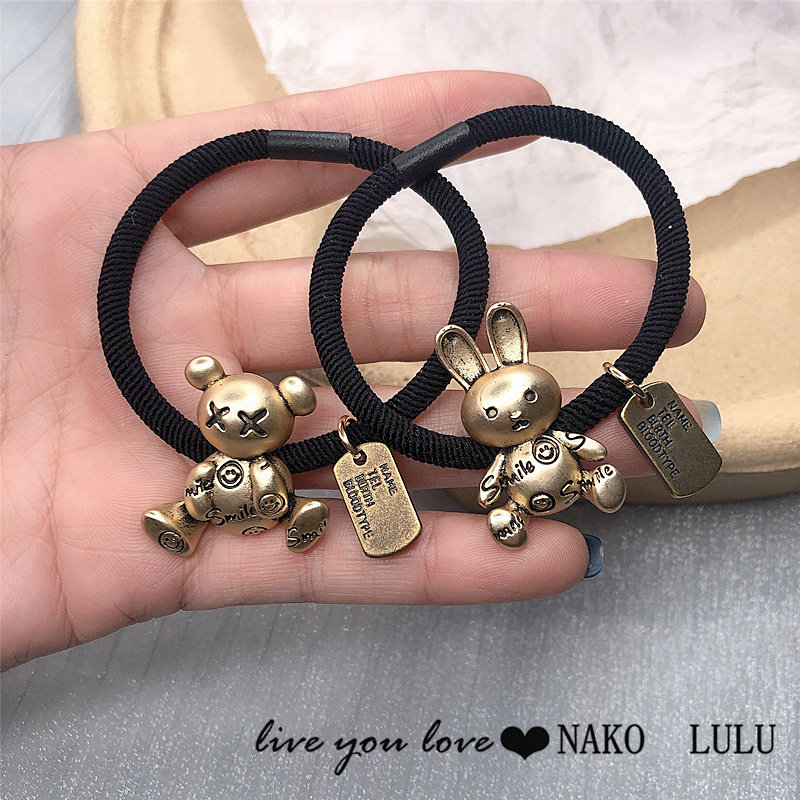 合金笑脸纹小熊小兔情侣头绳手链两用小皮筋复古铜怀旧风皮套发圈