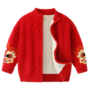 儿童加绒厚保暖线衣8156 2025冬季 男童拉链毛衣开衫 外套红色新年装