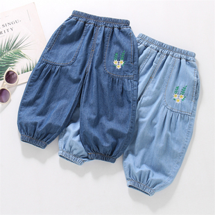 儿童百搭长裤 100%纯棉女童牛仔裤 6012 新品 花朵绣花灯笼裤 薄款 夏季