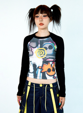 Greedy Angels千禧Y2K漩涡骷髅亚文化印花长袖插肩拼接打底T恤女