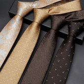 商务结婚订婚高级感拉链式 男士 领带复古咖啡棕色香槟金手打正装