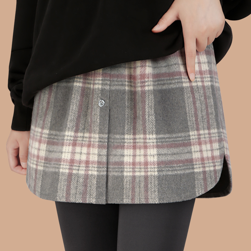 毛呢复古粉色格纹半身裙女叠穿