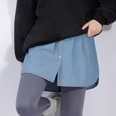 新款牛仔屁帘衬衫卫衣叠穿假下摆