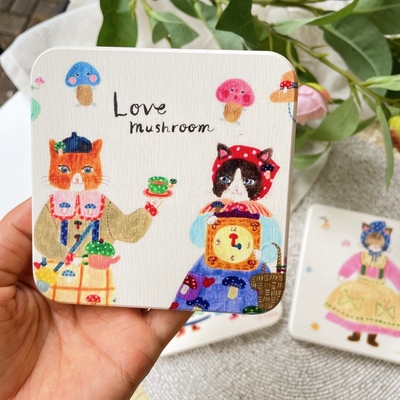 圻诺家插画师【布川爱子】复古水彩风猫咪杯垫硅藻泥方形隔热餐垫