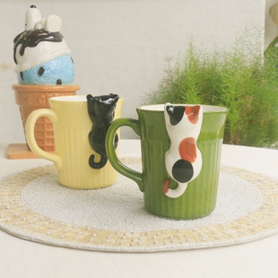 圻诺家搞怪偷看猫陶瓷杯日式立体三花猫竖条纹马克杯咖啡杯喝水杯