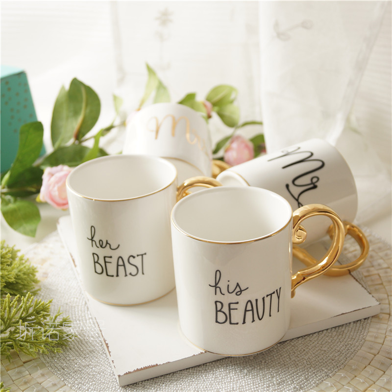 圻诺家 法式轻奢金色手柄马克杯 美女和野兽对杯 MR/MRS情侣杯