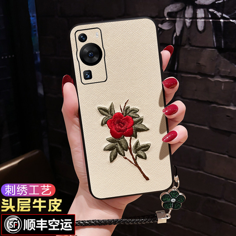 适用华为P60手机壳刺绣山茶花p60pro防摔软壳全包曲屏por女款中国风p6art保护套网红时尚ART外壳手绳ins风