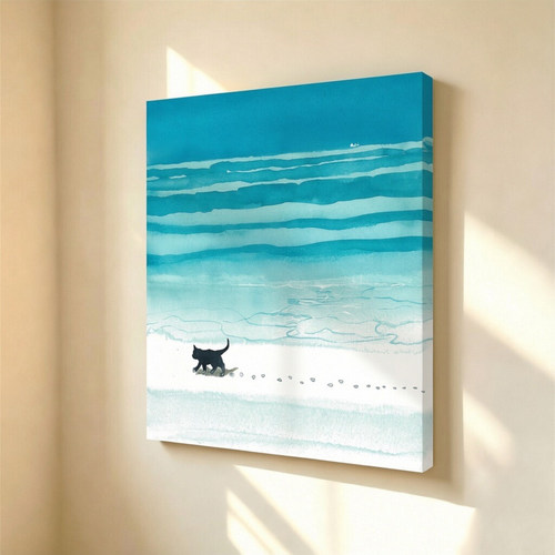 无框画装裱St.aftercigs蓝调分层海浪沙滩黑猫艺术客厅装饰画挂画