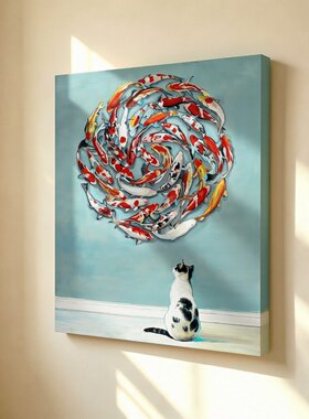 无框画Timothy治愈黑白奶牛猫太极环形锦鲤九鱼招财卧室装饰挂画