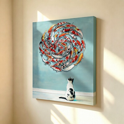无框画Timothy治愈黑白奶牛猫太极环形锦鲤九鱼招财卧室装饰挂画