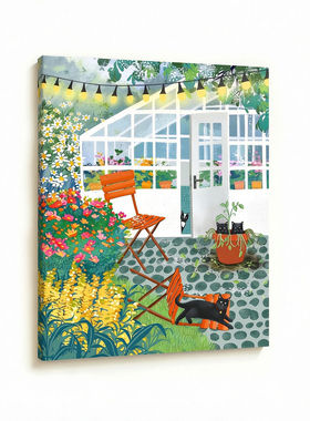 BinaS清新暖光温室黑猫彩花丛橙椅串灯治愈花园无框画装饰画挂画