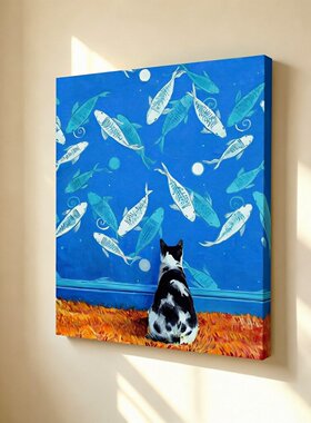 无框画Timothy治愈黑白奶牛猫满墙蓝底青鱼书房卧室装饰画挂画