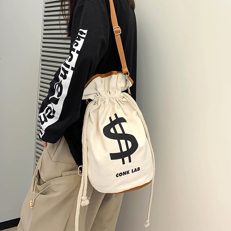 CASUAL CROSSBODY BAG WOMENS PERSONALITY CANVAS BAG MULTIFUNCTIONAL BACKPACK DUAL-PURPOSE DRAWSTRING POCKET SHOULDER BAG INS TIDE BACKPACK