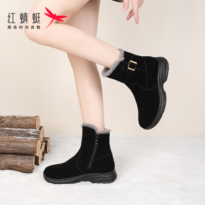 红蜻蜓牛皮厚底加绒保暖雪地靴女