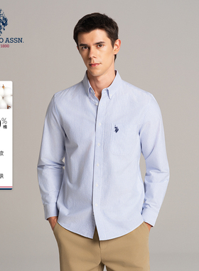 USPA男士长袖衬衫100%纯棉美式休闲条纹立领衬衣商务休闲男款上衣