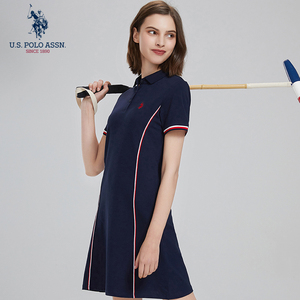 USPA夏季polo连衣裙女短袖中长款t恤裙休闲运动收腰显瘦polo裙女
