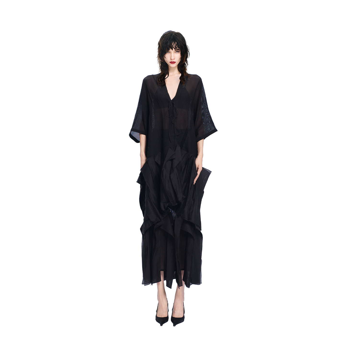 KUNSWEAR/琨丝薇尔26SU 网纱拼接立体褶皱V领宽松上衣 844002070