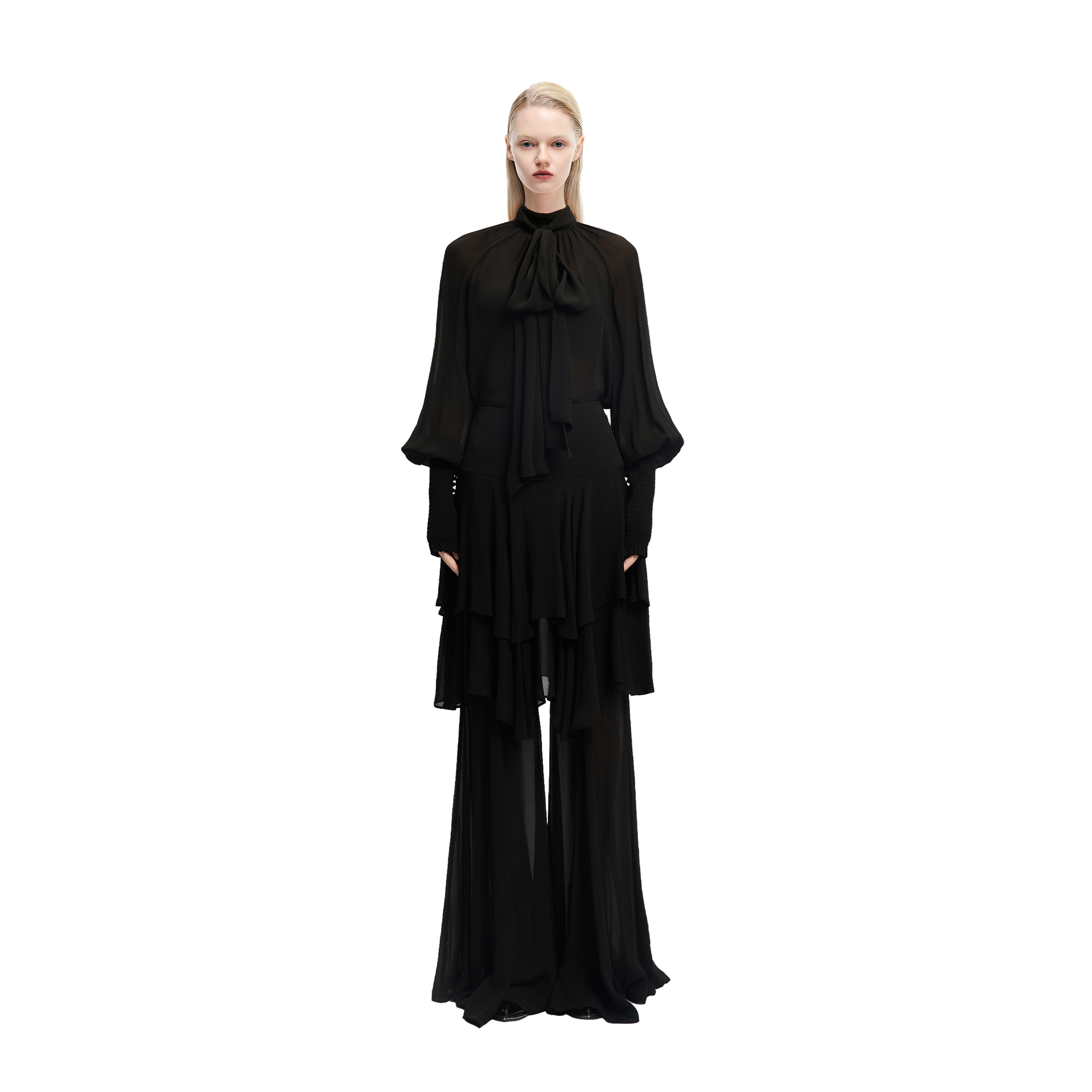 KUNSWEAR/琨丝薇尔26SP 复古优雅高领蝴蝶结灯笼袖上衣 842004230