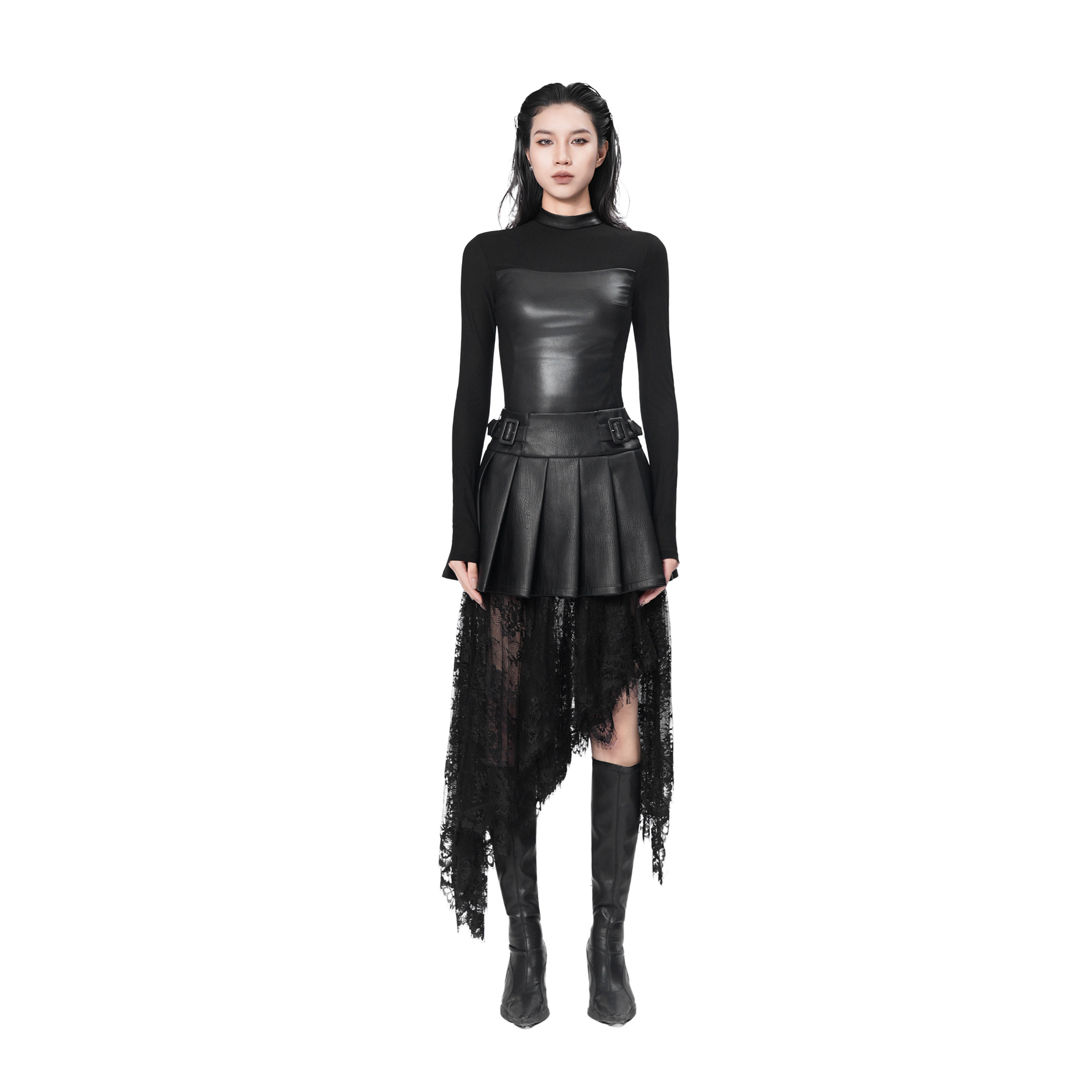 KUNSWEAR/琨丝薇尔25WI 不规则拼接蕾丝设计百褶半裙女 838008110