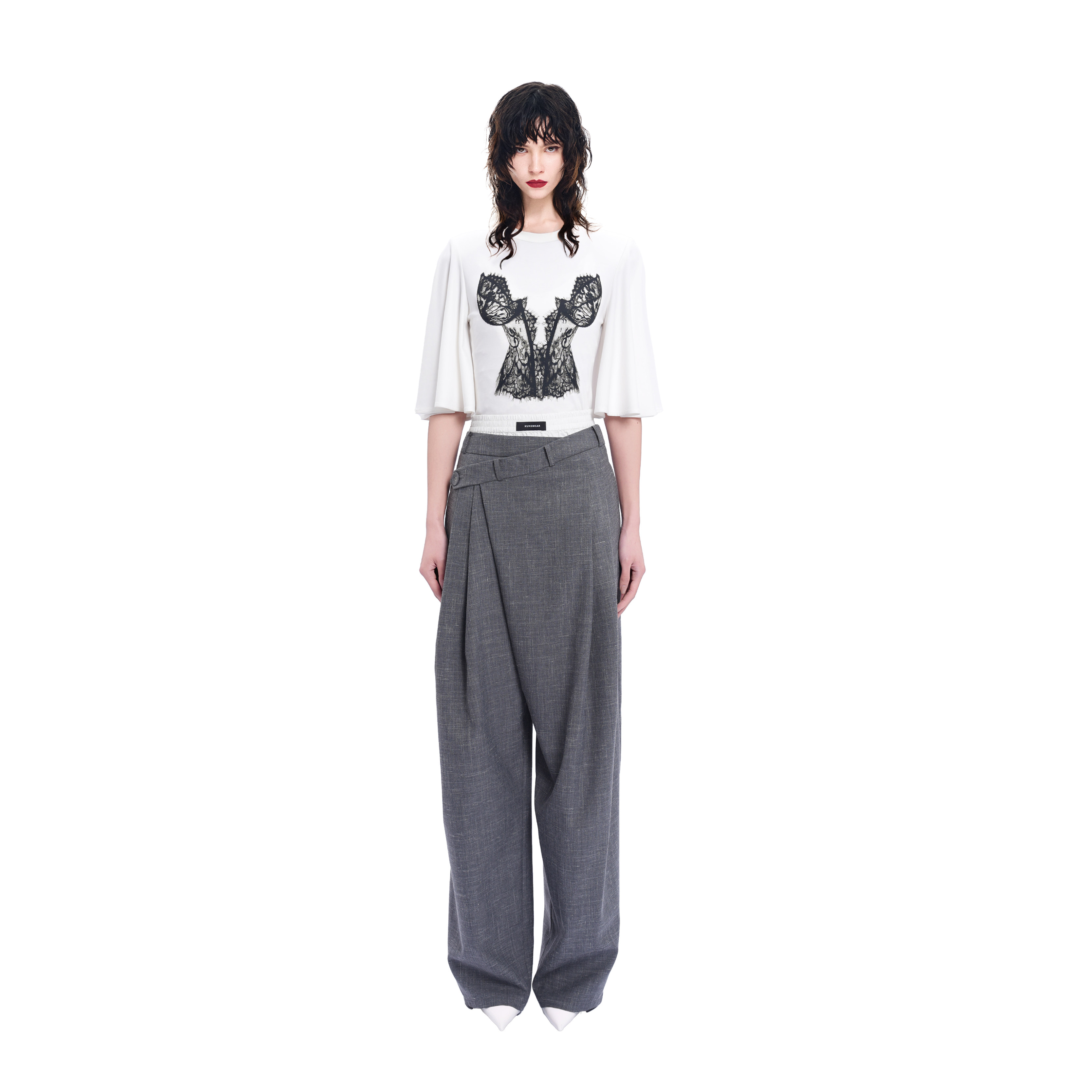 KUNSWEAR/琨丝薇尔26SU 夏季新款简约风灰色系带高腰西装阔腿裤