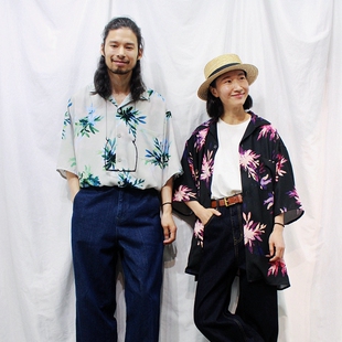 人气H牌日系古巴领印花衬衫短袖复古渡假风男女宽松丝滑半袖衬衣