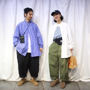 多色入日单高密纯棉立领条纹长袖衬衫男女款立领套头宽松休闲衬衣