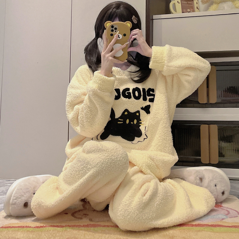 加厚半边绒睡衣女冬季长袖保暖