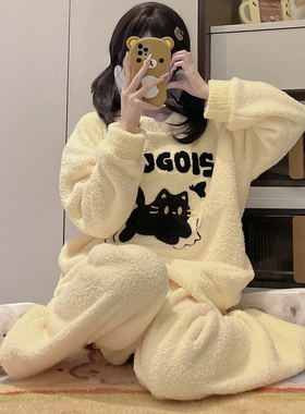 PILI加厚半边绒睡衣女冬季长袖保暖卡通猫咪珊瑚绒家居服套装