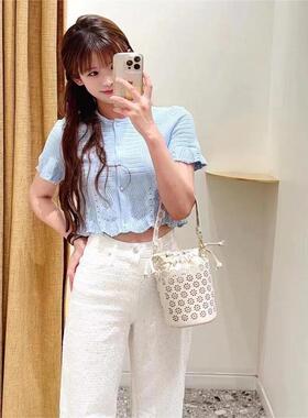 maSande2025春夏款圆领花边短款珍珠扣针织开衫短袖上衣女 MFPCA0