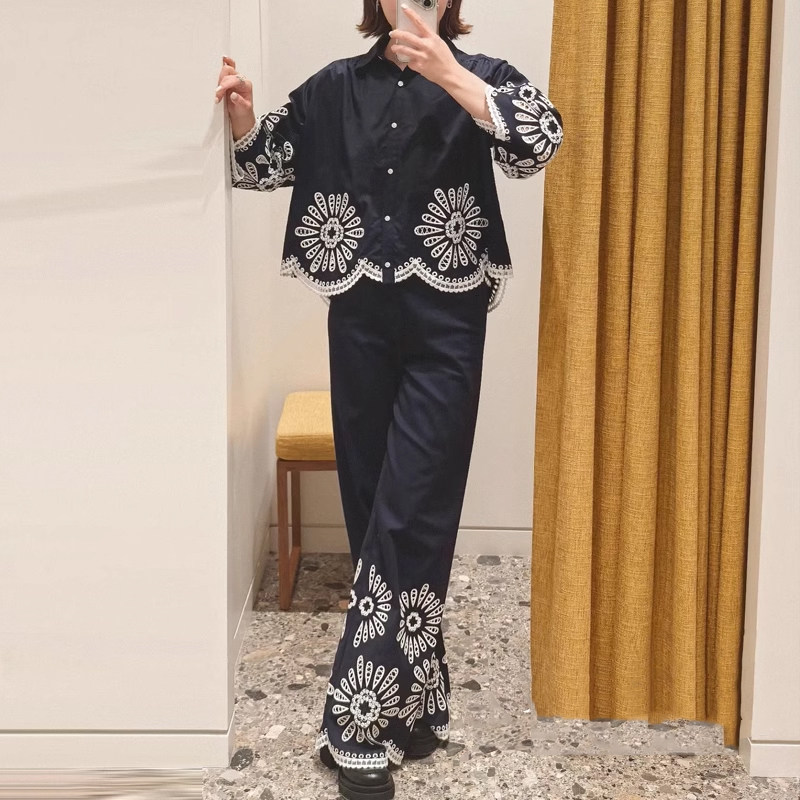 maSande2025春夏新款女装深蓝色镂空花纹民族风阔腿裤长裤MFPPA00