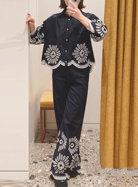 maSande2025春夏新款女装深蓝色镂空花纹民族风阔腿裤长裤MFPPA00