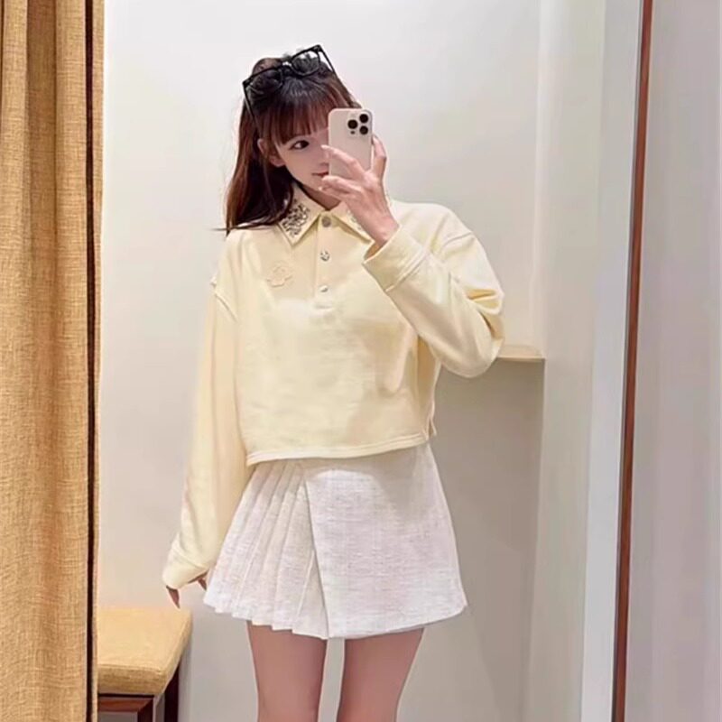maSande2025早春女装黄色棉质钻饰翻领套头针织衫MFPSW00195