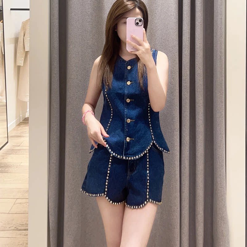 maSande2025早秋新款女装甜美花瓣下摆时尚女装潮流牛仔马甲SFPTO
