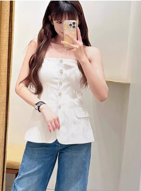 maSande2025春夏法式优雅 珠饰纽扣浅色短款抹胸上衣女MFPTO01124