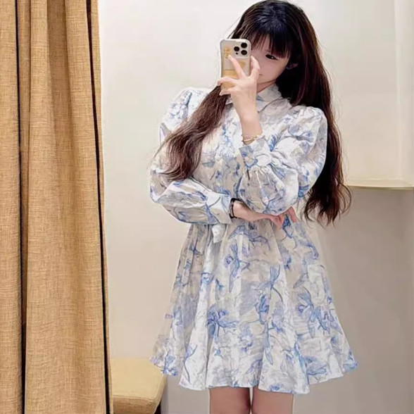 maSande2025春夏新款女装印花衬衫领长袖系带收腰连衣裙MFPRO0414